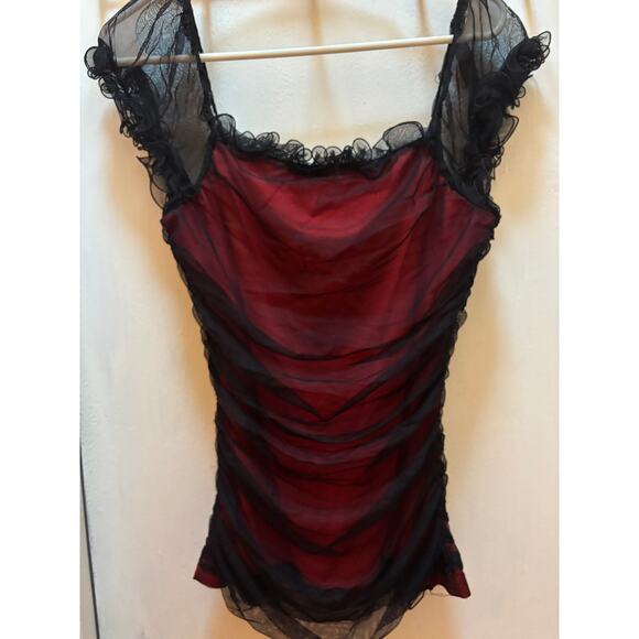 Boston Proper Black and Red Blouse with lace ruffles on the neckline and sleeve - Picture 5 of 5